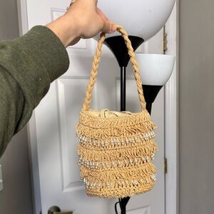 Tan Raffia Bucket Bag Small Woven Purse Handbag Pearl y2k